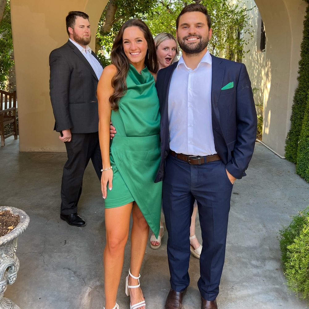 Elliatt Camo Asymetric Satin Cocktail Dress in Forest Green